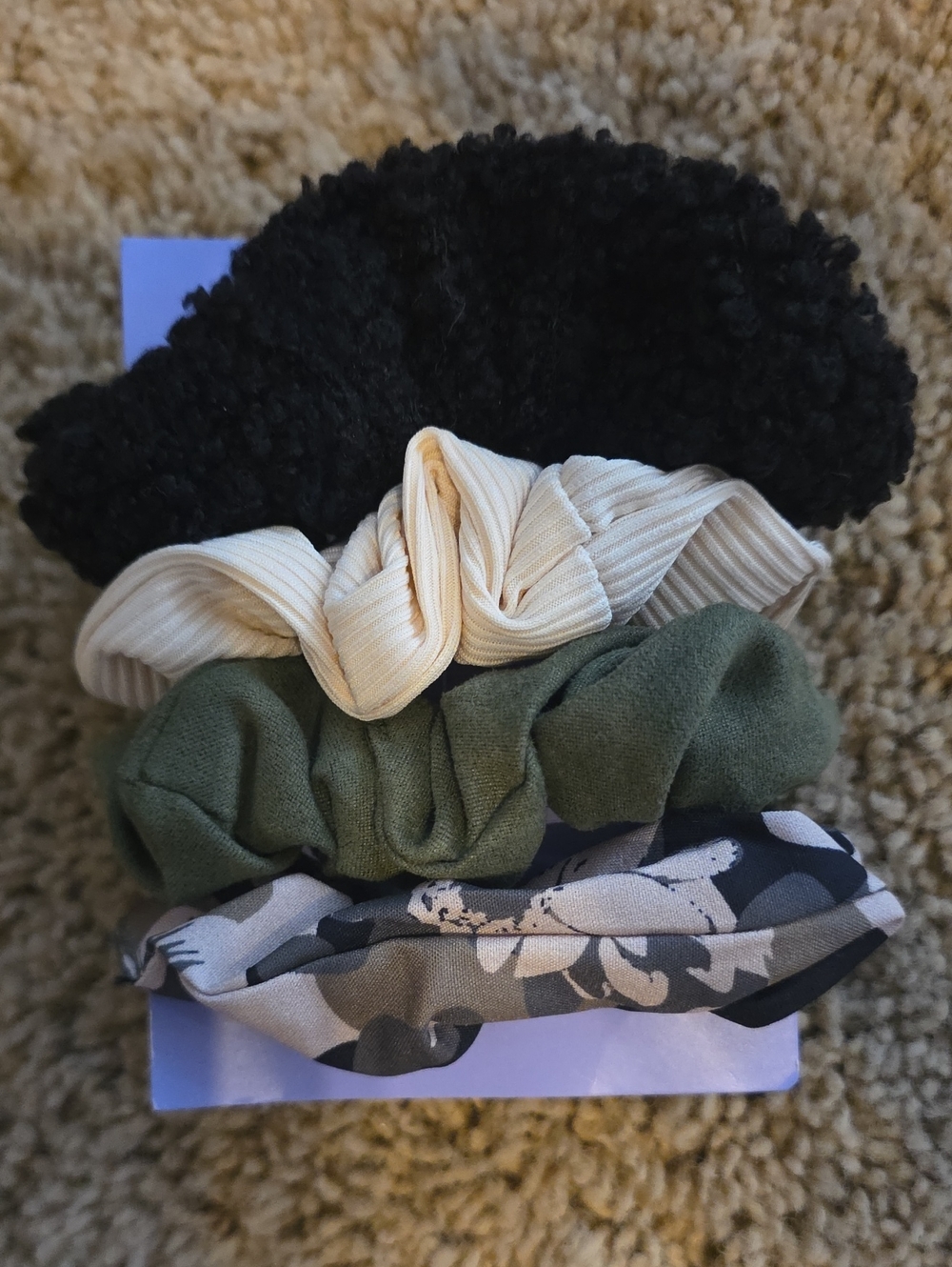 Claire's Neutral Scrunchie Set - Black, Cream, Olive, Camouflage